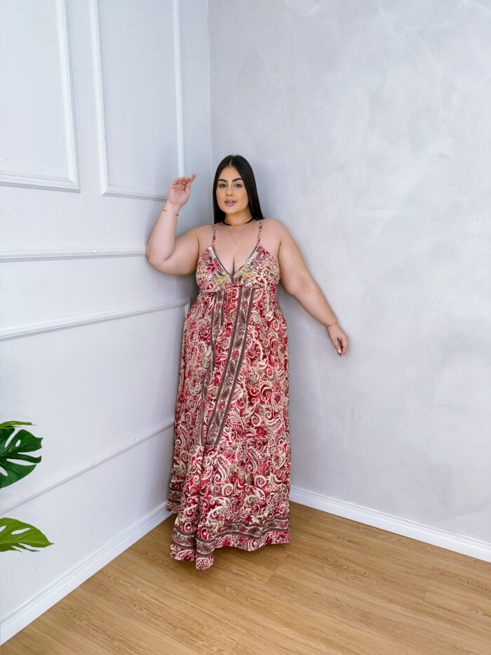 vestido longo donatella vermelho estampado plus size