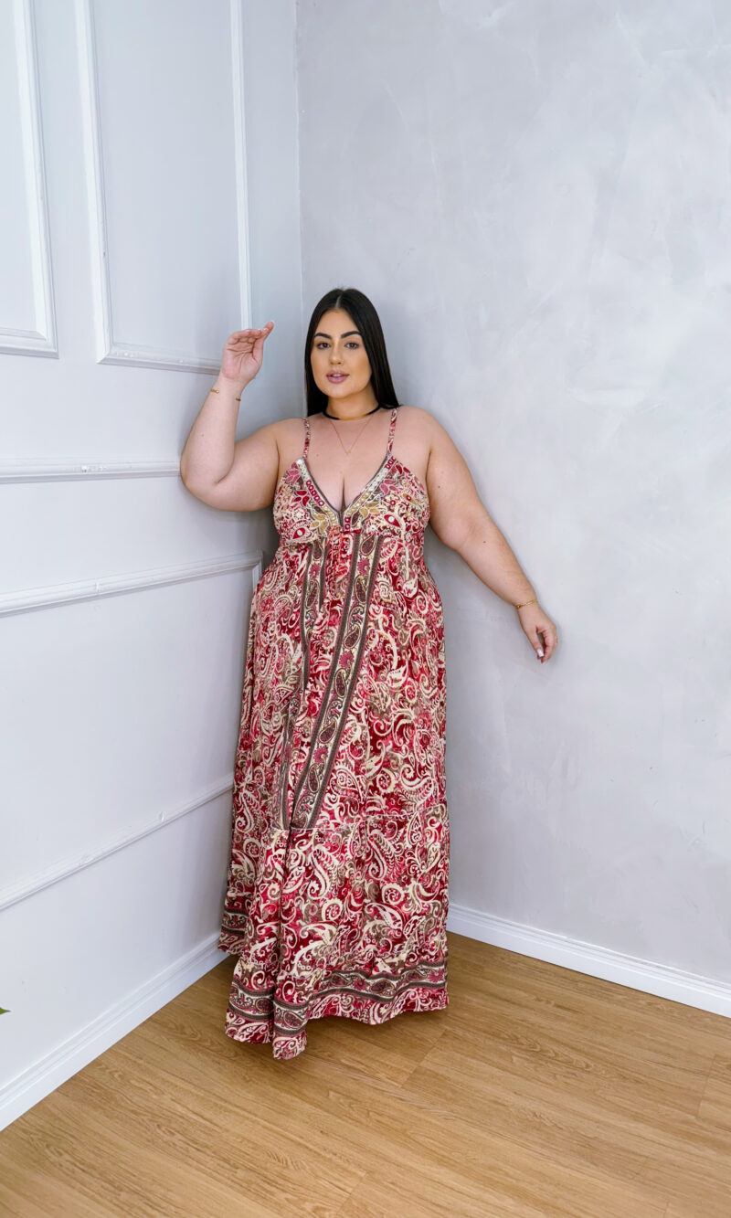 vestido longo donatella vermelho estampado plus size