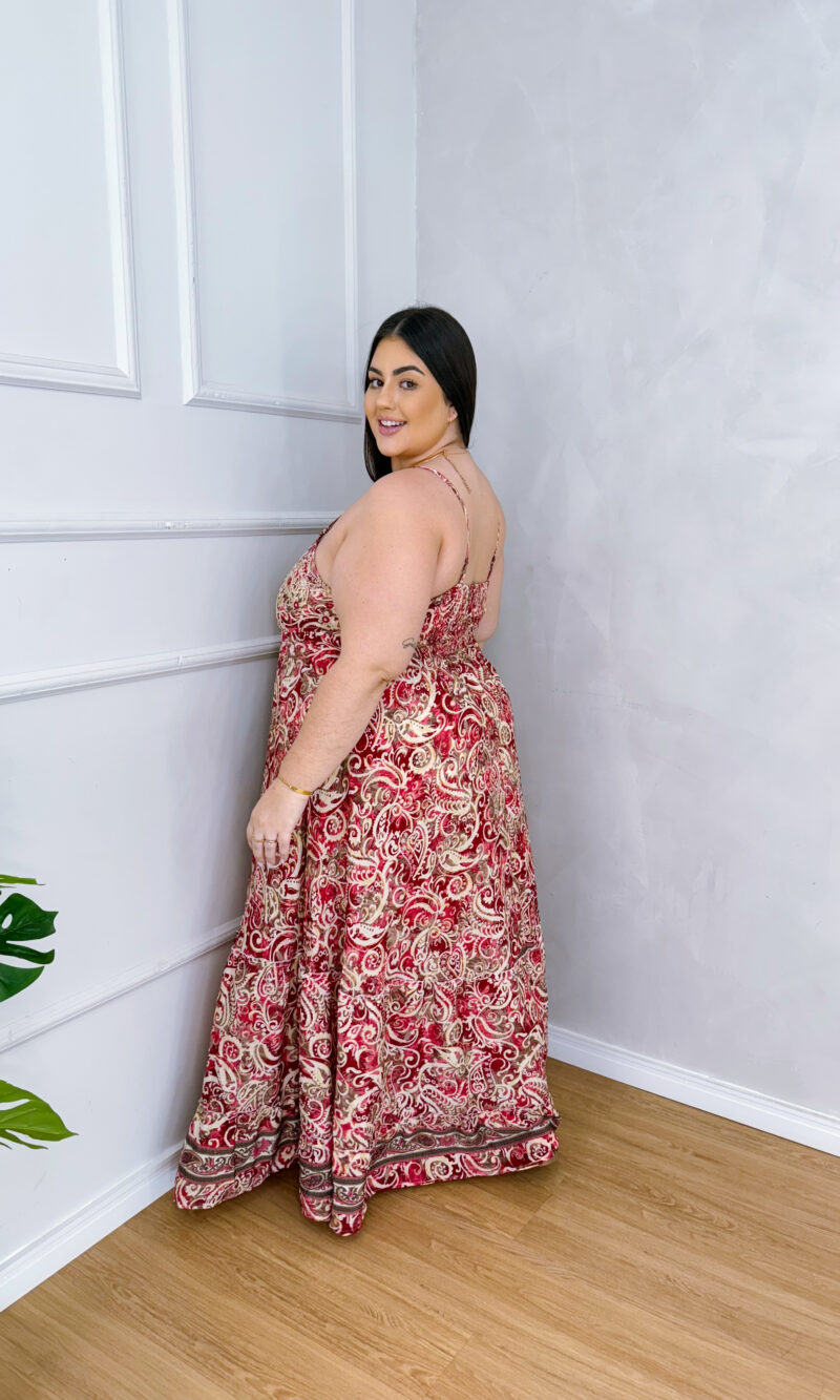 vestido longo donatella vermelho estampado plus size